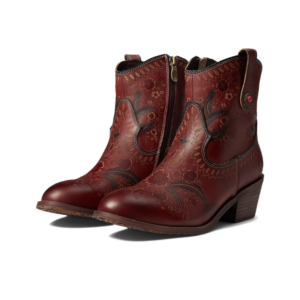 A pair of red boots with black designs on them.