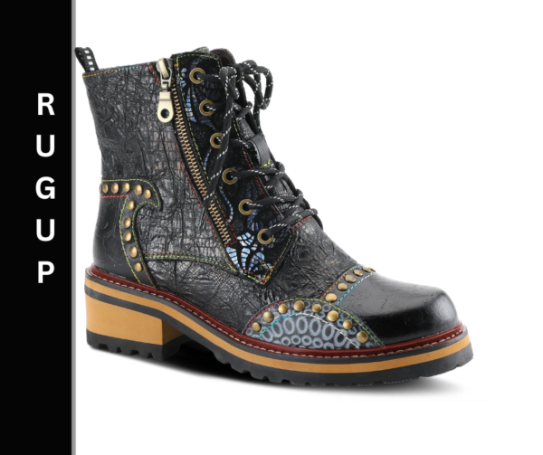 A black and yellow boot with gold accents.