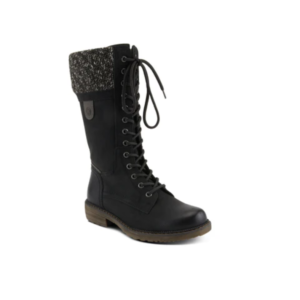 A black boot with laces and a knitted top.