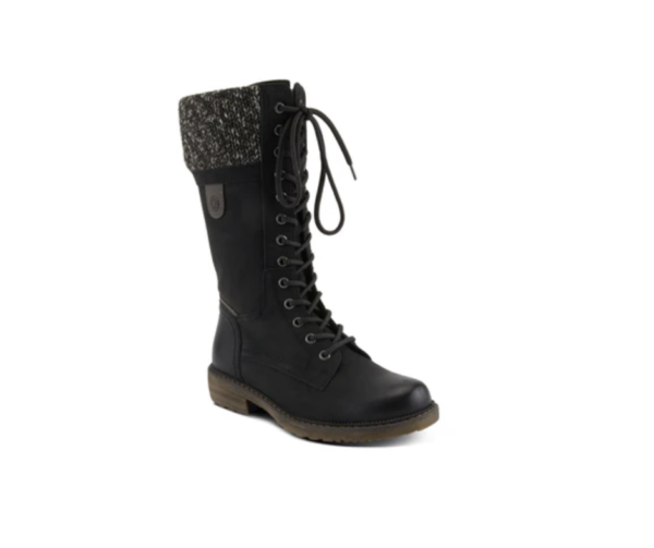 A black boot with laces and a knitted top.