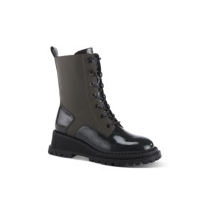 A pair of black boots with laces and a rubber sole.