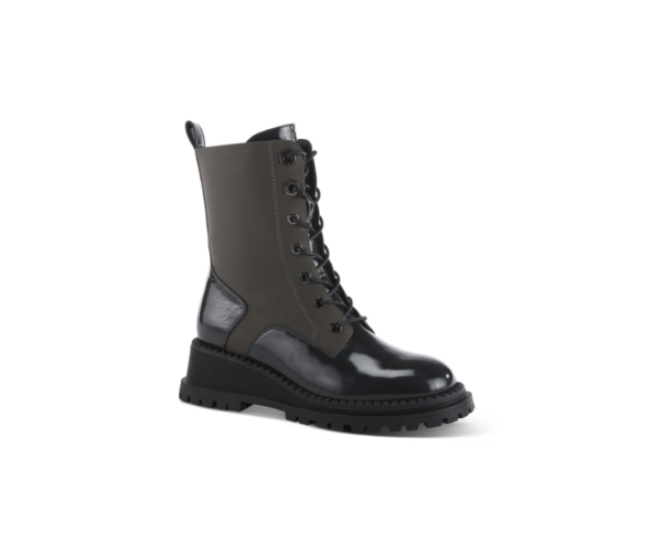 A pair of black boots with laces and a rubber sole.