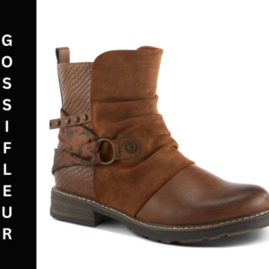 A brown boot with a buckle on the side.