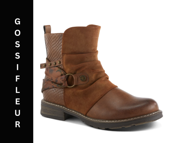 A brown boot with a buckle on the side.