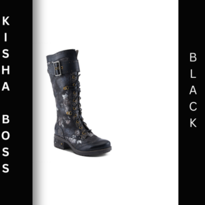 A black boot with a buckle on the side.