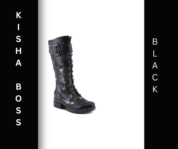 A black boot with a buckle on the side.