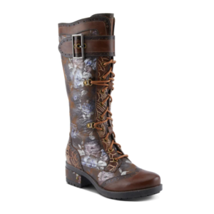 A brown boot with flowers on it