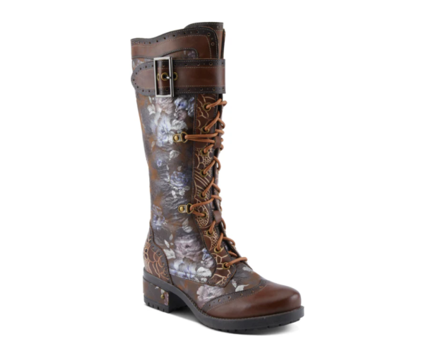 A brown boot with flowers on it