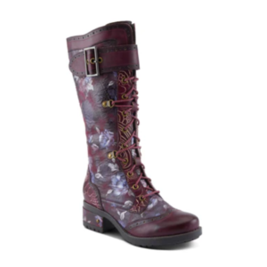A tall purple boot with flowers on it.