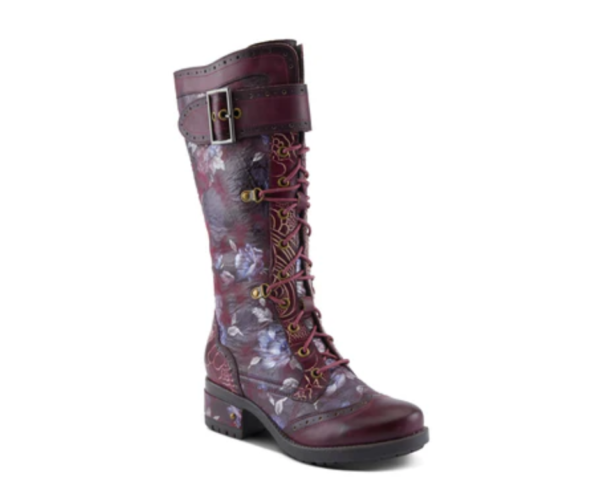 A tall purple boot with flowers on it.