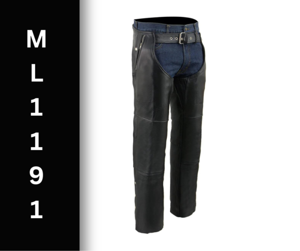 A pair of black leather chaps with blue jeans.