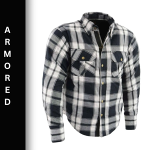 A black and white plaid shirt with armored on it.