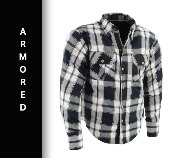 A black and white plaid shirt with armored on it.