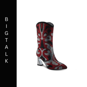 A red and black boot with a silver heel.
