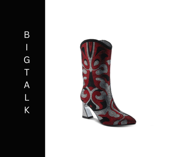 A red and black boot with a silver heel.