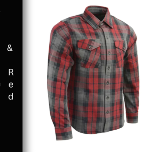 A red and black plaid shirt is shown.