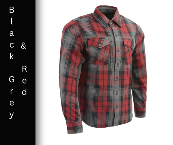 A red and black plaid shirt is shown.