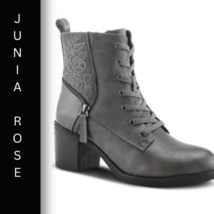A gray boot with laces and a black heel.