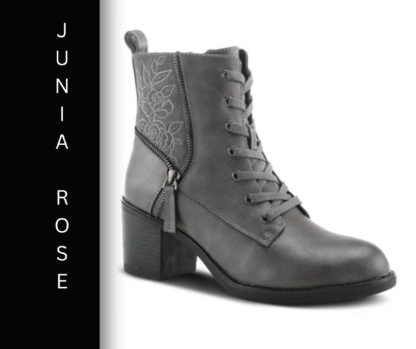 A gray boot with laces and a black heel.