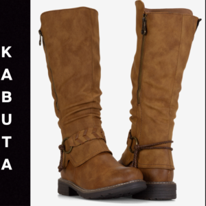 A pair of brown boots with buckles on the side.