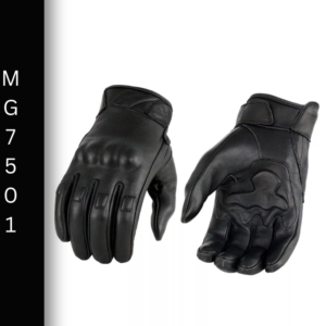A pair of black leather gloves with the words mg 7 5 0 1