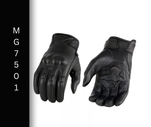 A pair of black leather gloves with the words mg 7 5 0 1