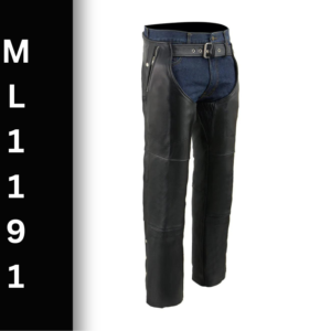 A pair of black leather chaps with blue jeans.