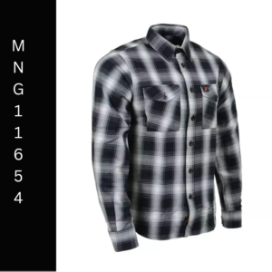 A black and white plaid shirt with the words mng 1 6 5 4
