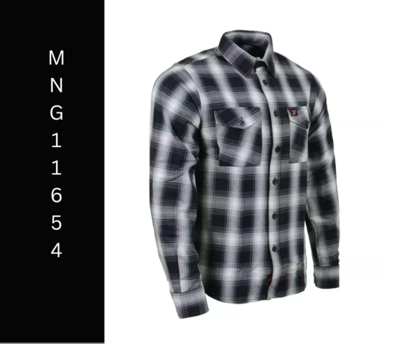 A black and white plaid shirt with the words mng 1 6 5 4