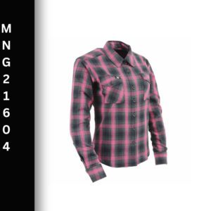 A pink and black plaid shirt is shown.