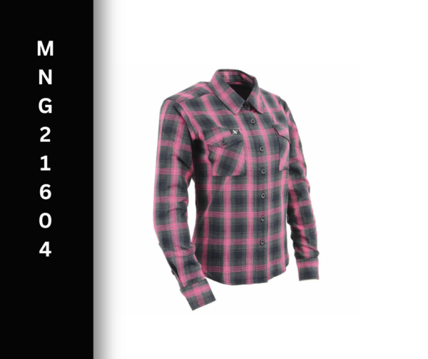 A pink and black plaid shirt is shown.