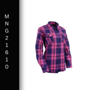A woman wearing a pink and blue plaid shirt.