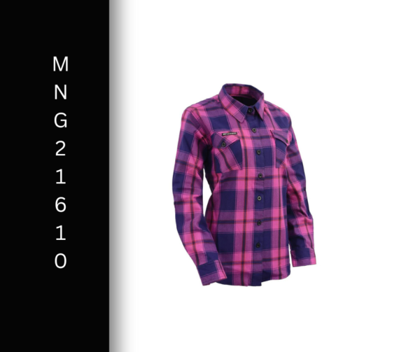 A woman wearing a pink and blue plaid shirt.