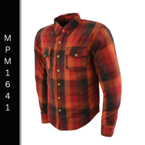 A red and black plaid shirt is shown.