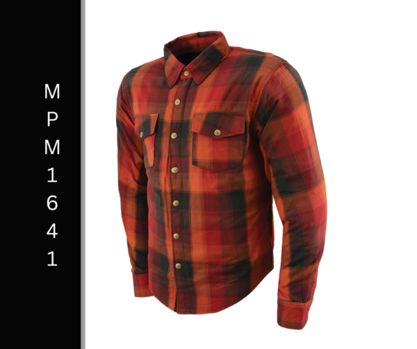 A red and black plaid shirt is shown.