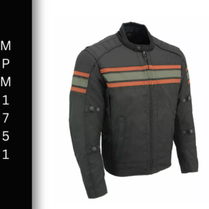 A black jacket with orange and grey stripes on it.
