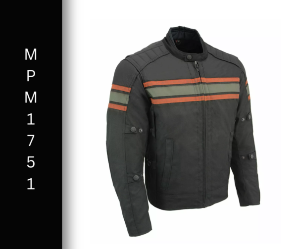 A black jacket with orange and grey stripes on it.