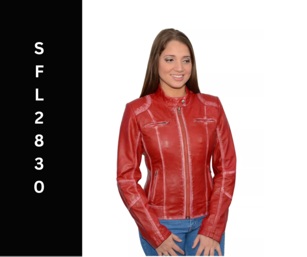 A woman wearing red leather jacket with white stitching.