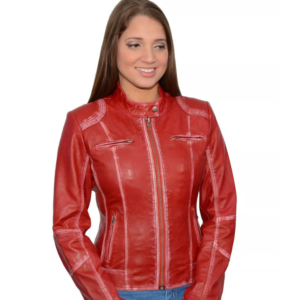 A woman wearing red leather jacket with white stitching.