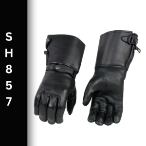 A pair of black leather gloves with zippers.