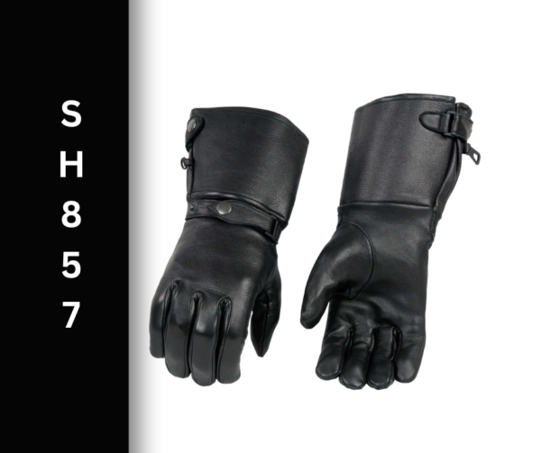 A pair of black leather gloves with zippers.