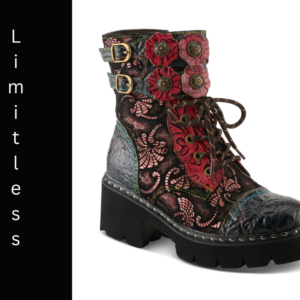 A pair of boots with floral designs and black soles.