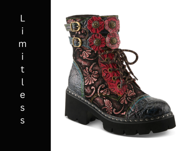 A pair of boots with floral designs and black soles.