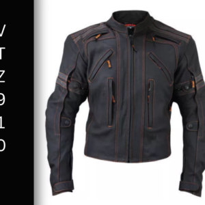 A black jacket with orange trim on it.