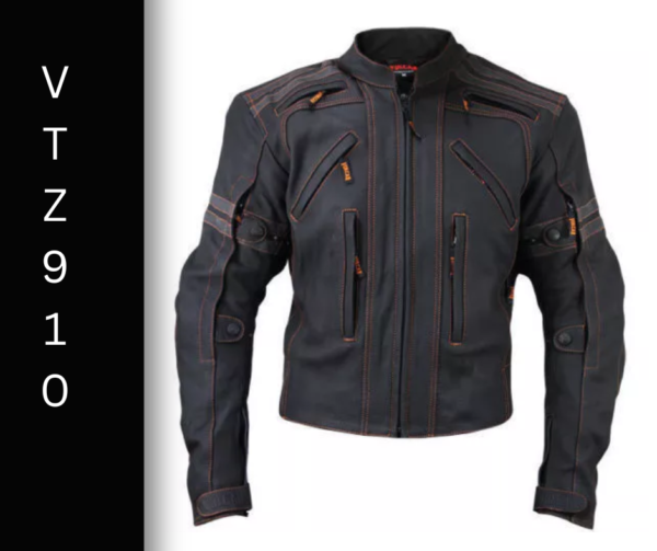 A black jacket with orange trim on it.