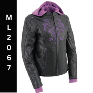 A black and purple leather jacket with hood.