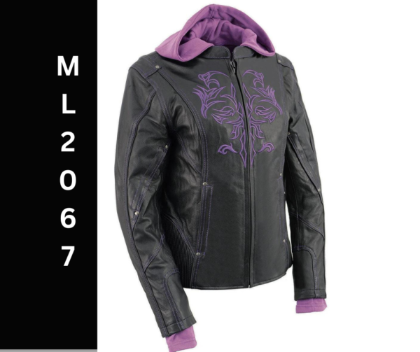 A black and purple leather jacket with hood.