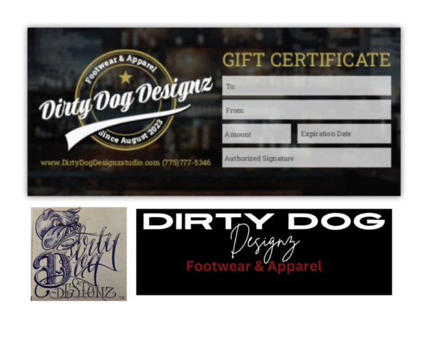 A gift certificate and two different designs of shoes.