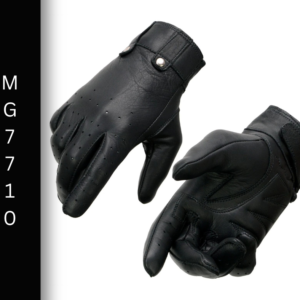 A pair of black gloves with a button on the wrist.