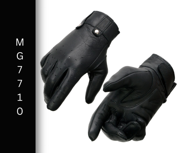 A pair of black gloves with a button on the wrist.